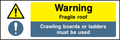 Warning fragile roof, crawling boards or ladders must be used
