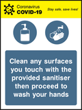 Clean any surfaces you touch with the provided sanitiser then proceed to wash your hands (V2)