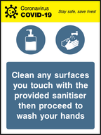 Clean any surfaces you touch with the provided sanitiser then proceed to wash your hands (V2)