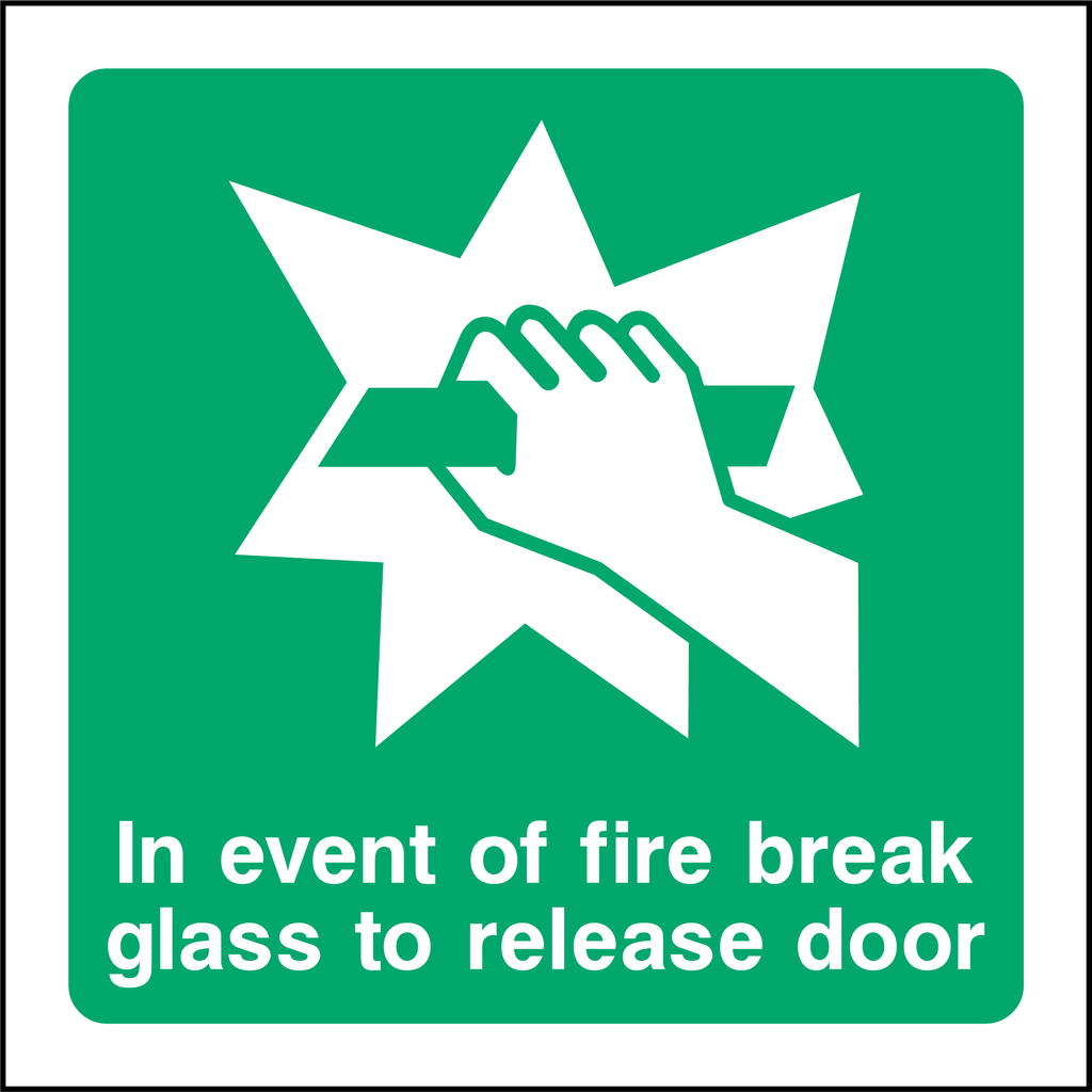 In event of fire break glass to release door