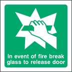In event of fire break glass to release door
