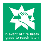 In event of fire break glass to reach latch